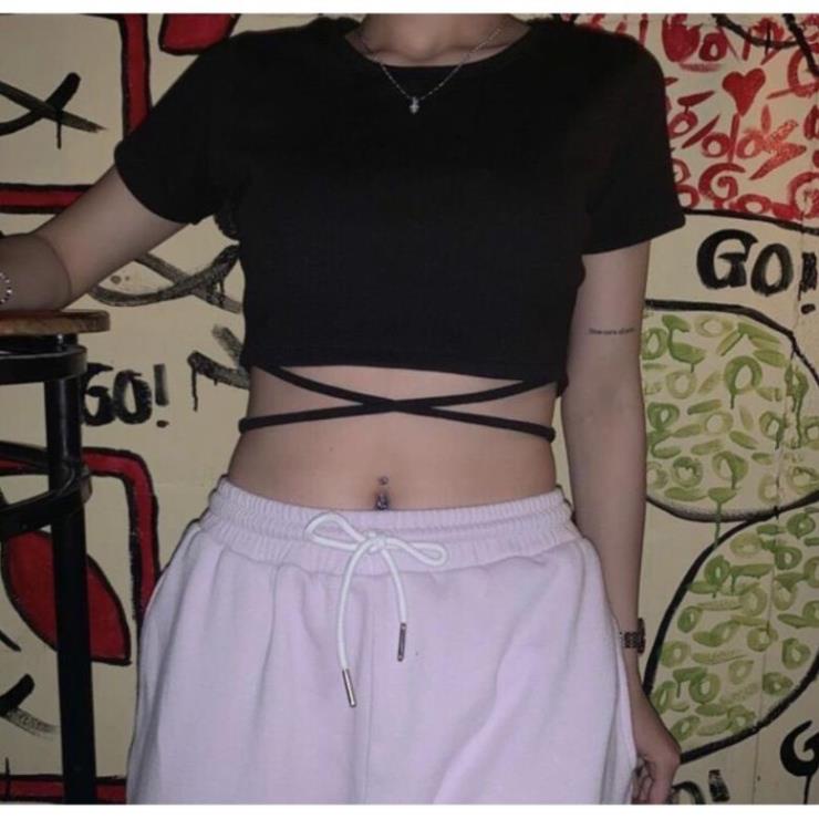 Áo croptop nữ dây quấn bụng tay ngắn [HÀNG THẬT GIÁ THẬT]