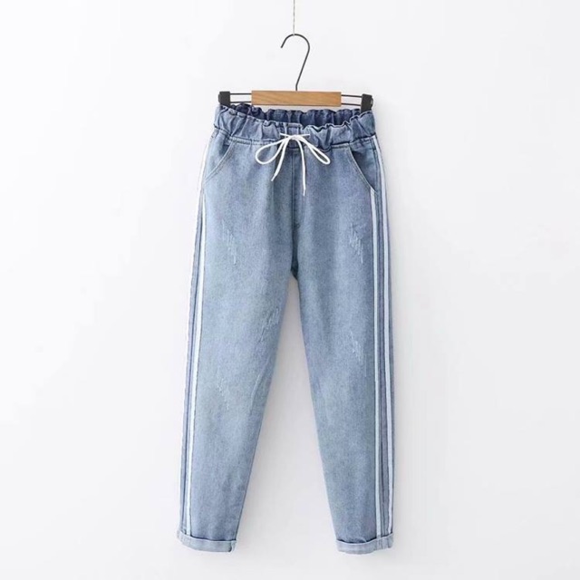 ( ẢNH THẬT ) Quần Baggy Jeans 2 Sọc Trắng - Cạp chun co giãn, chất jeans mềm đứng dáng