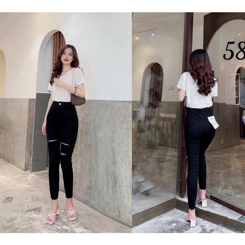Quần jeans đen ôm có dãn cạp siêu cao rách 3 giá rẻ- freeship