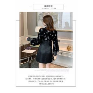 Đầm nhung lụa cổ vest Hoa Pha lê cao cấp  Ord