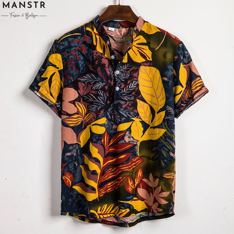 Áo Sơ Mi Cotton Ngắn Tay Cổ Đứng In Họa Tiết Hoa Phong Cách Retro Cho Nam