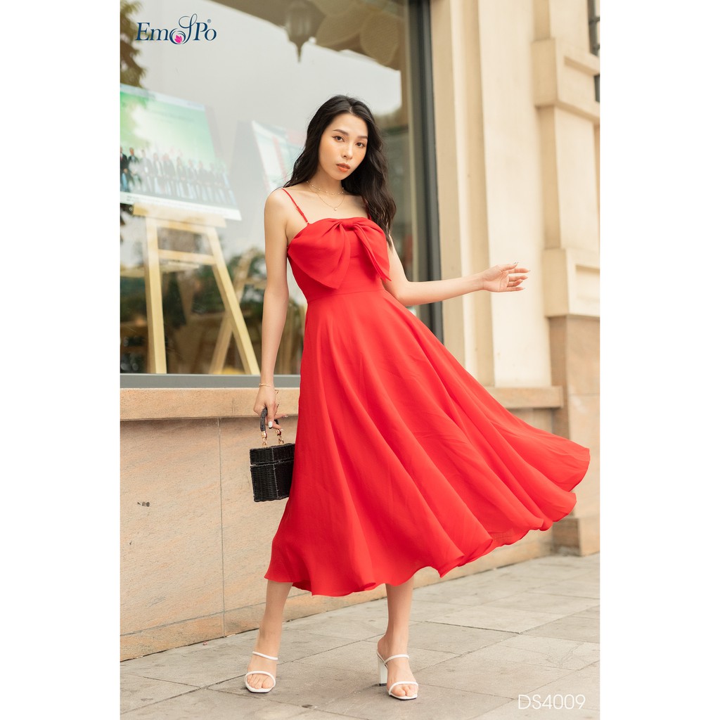 Đầm xòe hai dây, nơ bản to đính ngực Emspo DS4009