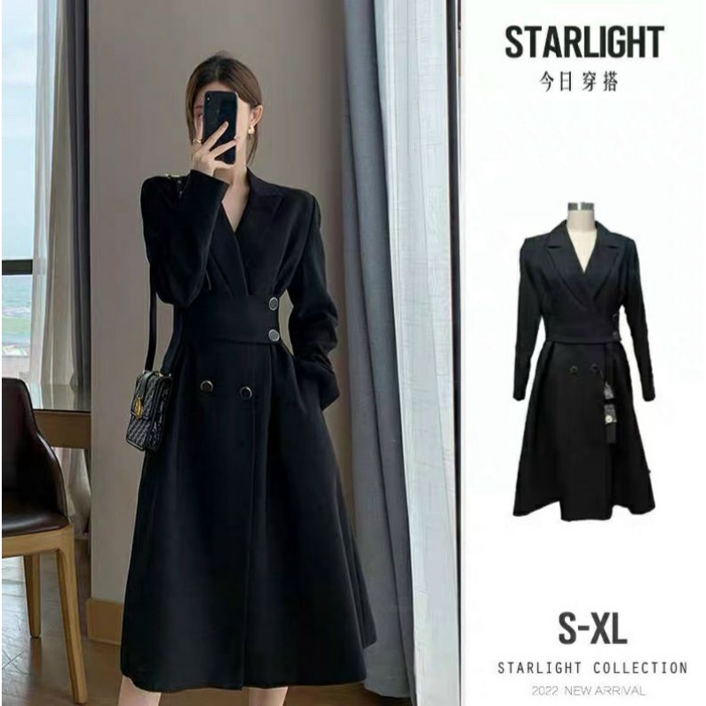 Đầm Đen Cổ Vest Dáng Dài Kèm Đai Xẻ Tà