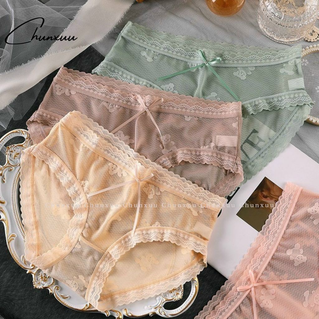 Quần lót ren nữ cao cấp Chunxuu họa tiết gấu chìm phối nơ điệu đà, chất ren mềm mại thông thoáng - QC105