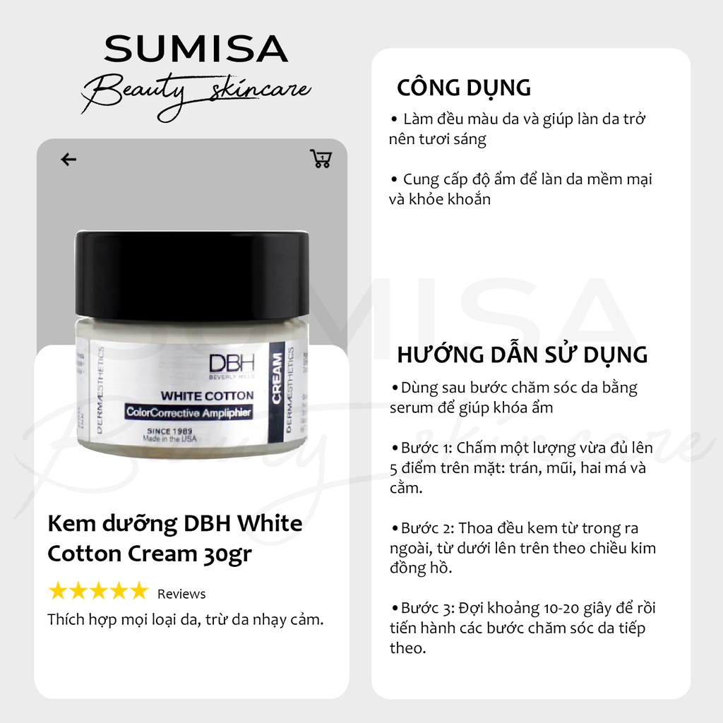 Kem dưỡng ẩm và làm trắng sáng da toàn diện DBH White Cotton Cream 30gr
