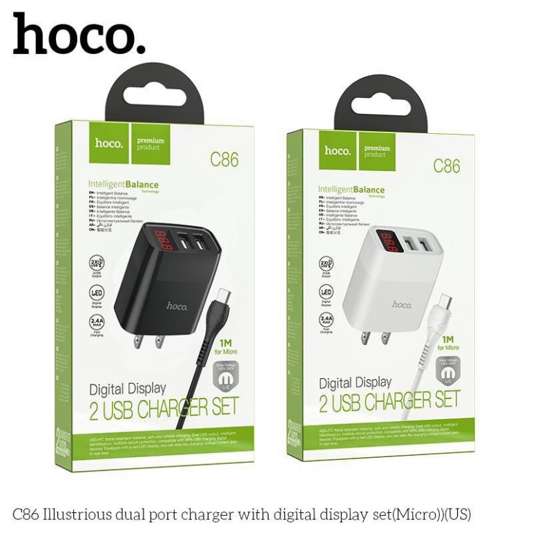 Cốc sạc 2 cổng Hoco C86/C86A - MAX 5V-2.4A  - màn hình LCD hiển thị điện áp - Bảo hành 06 tháng