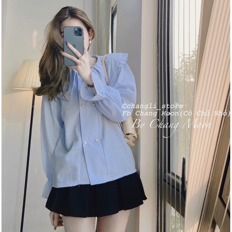 Áo sơ mi kẻ xốp dài tay cổ viền bèo xinh (hàng sẵn)