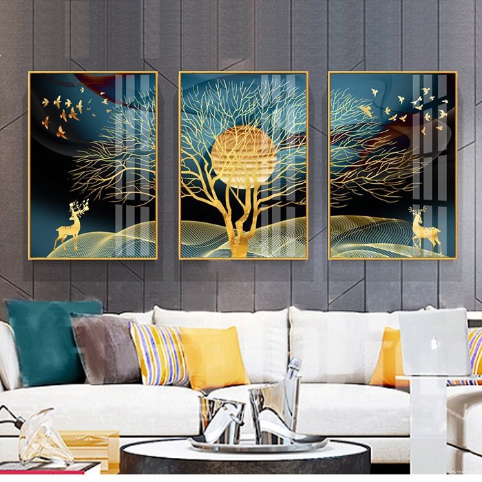 Bộ 3 Tranh canvas Lala giá xưởng hươu vàng dưới ánh trăng tặng kèm đinh treo tranh không gây hư tường
