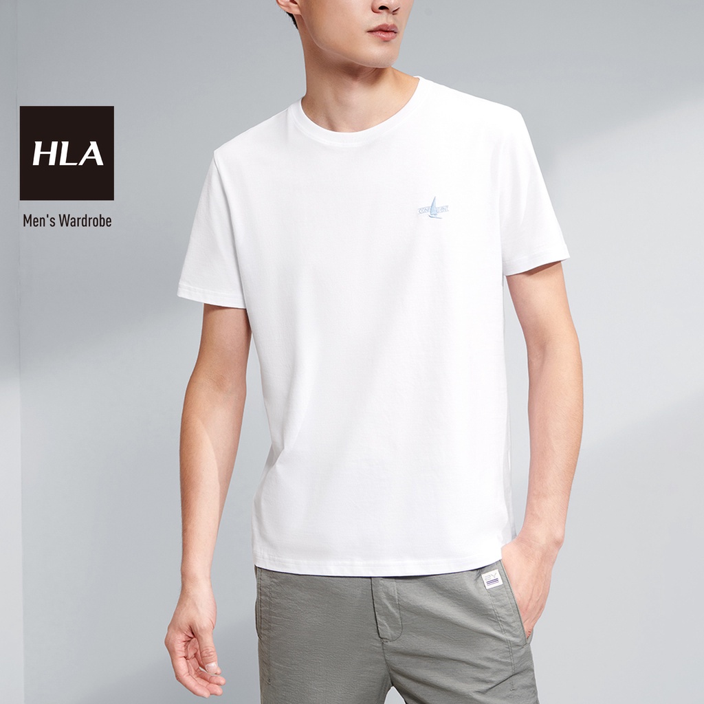 HLA - Áo Thun Nam Ngắn Tay Youth Subsidy Fashion Front Chest Embroidered Casual T-shirt