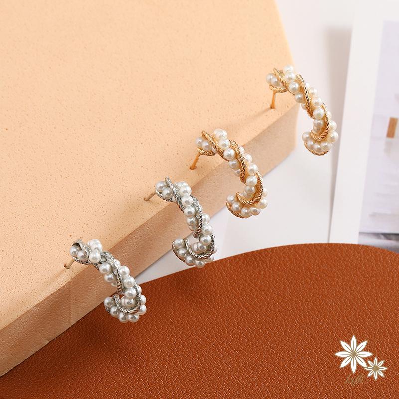 【kifli】Khuyên tai nữ hình chữ C đính ngọc trai thời trang