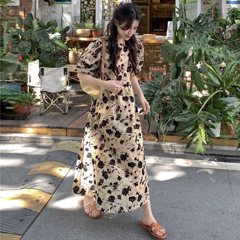 Đầm Dài Đến Gối Tay Phồng In Họa Tiết Hoa Phong Cách Retro Thời Trang Mùa Hè Mới