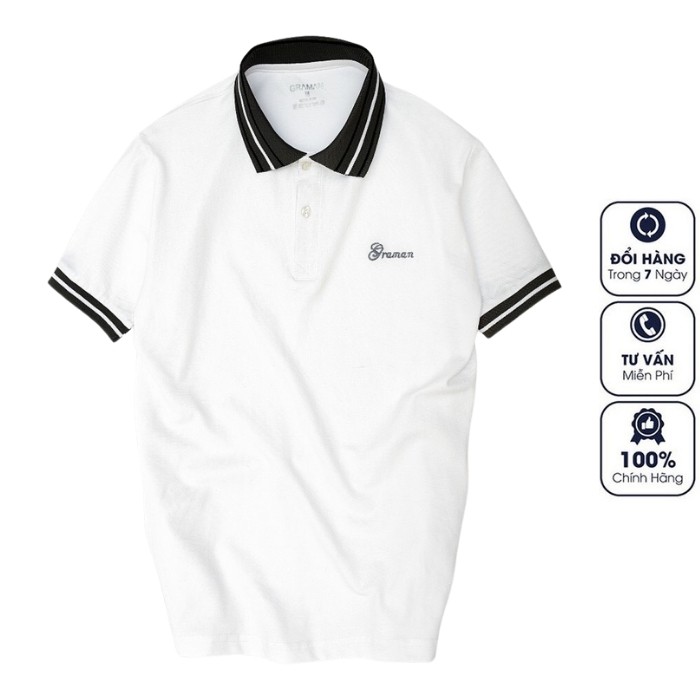 Áo polo nam thêu chữ phối cổ kẻ dọc, chất vải Cotton co giãn, thoáng mát GRAMEN - AP01