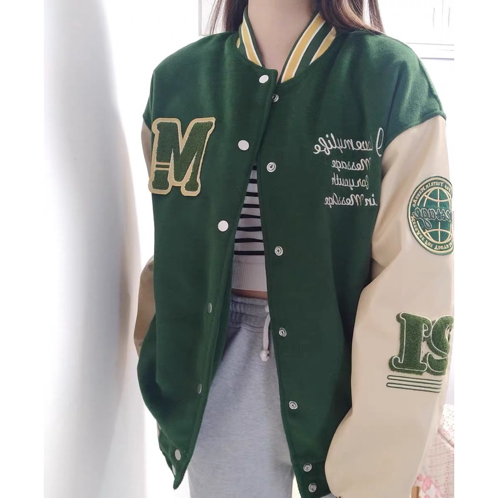 (Hàng sẵn)Áo bomber Unisex Vải dạ tay phối tay da pu họa tiết thêu xù 2 màu hót DT112