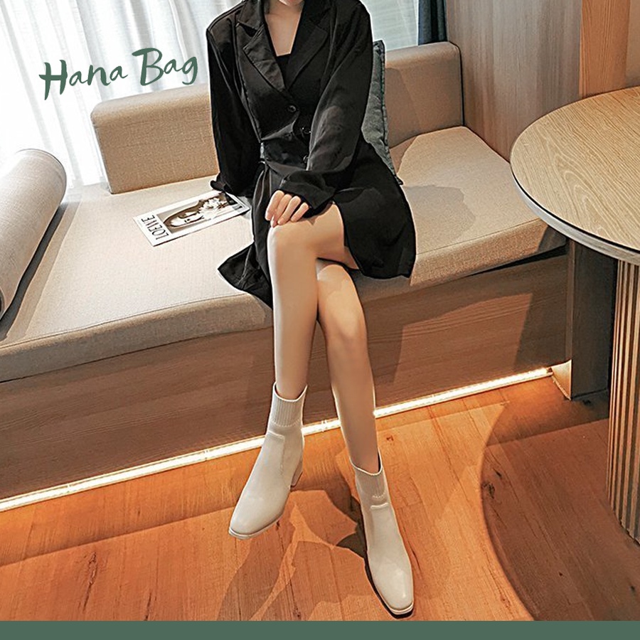 Giày bốt da mũi nhọn Loại 1, gót vuông cổ ngắn cao 5cm có chun trên cổ chân | BigBuy360 - bigbuy360.vn