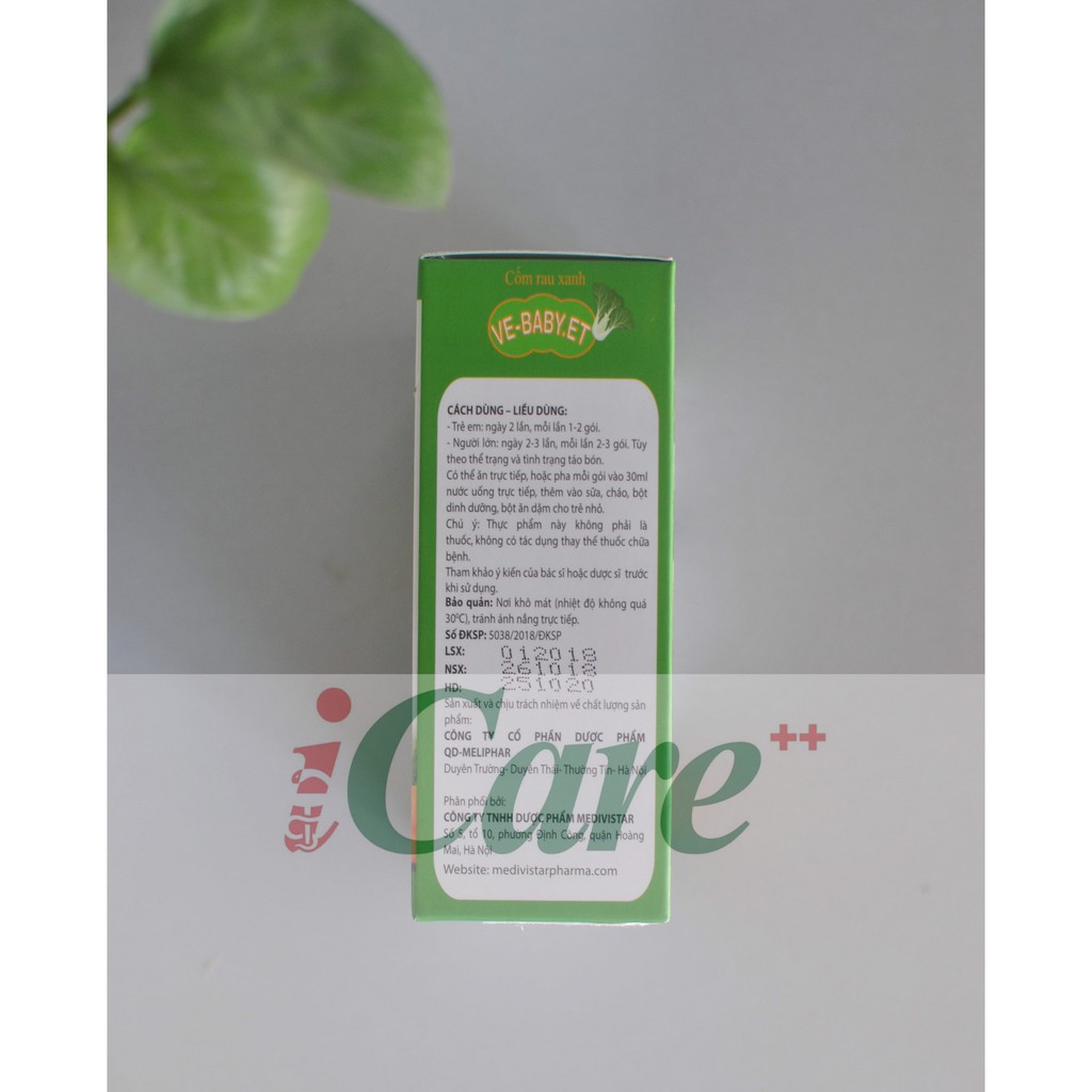 CỐM RAU XANH VE BABY ET BỔ SUNG CHẤT XƠ, VITAMIN HỘP 20 GÓI