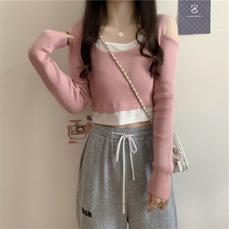 Áo dệt kim ZHELIHANGFEI tay dài trễ vai giả hai lớp phong cách thời trang cá tính cho nữ