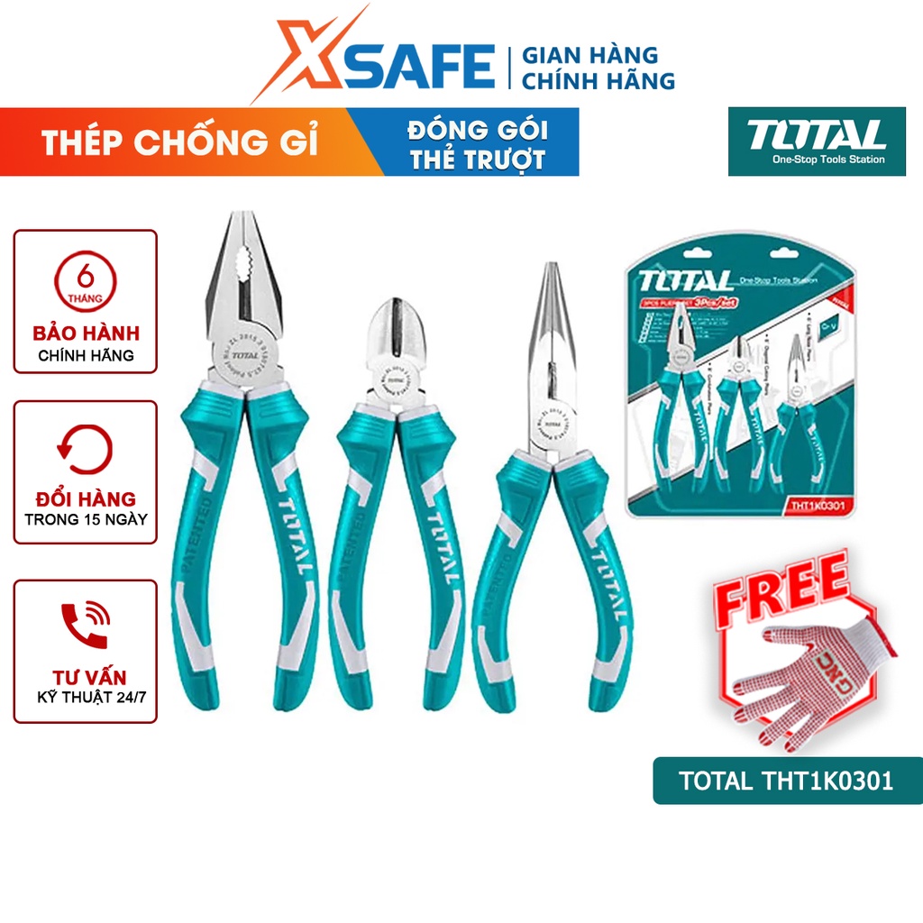 Bộ 3 kìm đa năng TOTAL THT1K0301 Kềm cắt kềm răng điện kềm mũi nhọn thép CrV siêu cứng bền cắt kẹp tuốt dây điện cáp kẽm