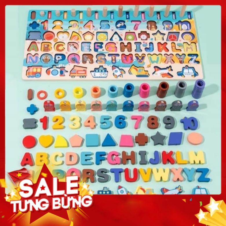 Bộ Bảng Gỗ chữ cái xếp hình 6in1, Kèm bộ câu cá đồ chơi thông minh cho bé phát triển