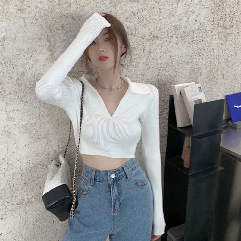 Áo Thun Dệt Kim Ngắn Tay Cổ Chữ V Thời Trang Hàn Quốc Dành Cho Nữ