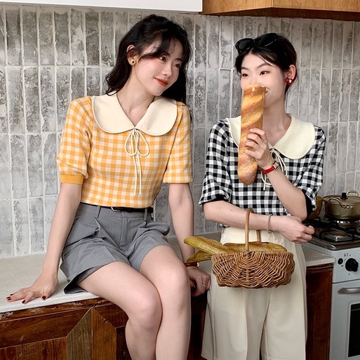 Áo kiểu ZHELIHANGFEI dệt kim cổ polo thắt nơ dáng ngắn họa tiết kẻ sọc ca rô thời trang