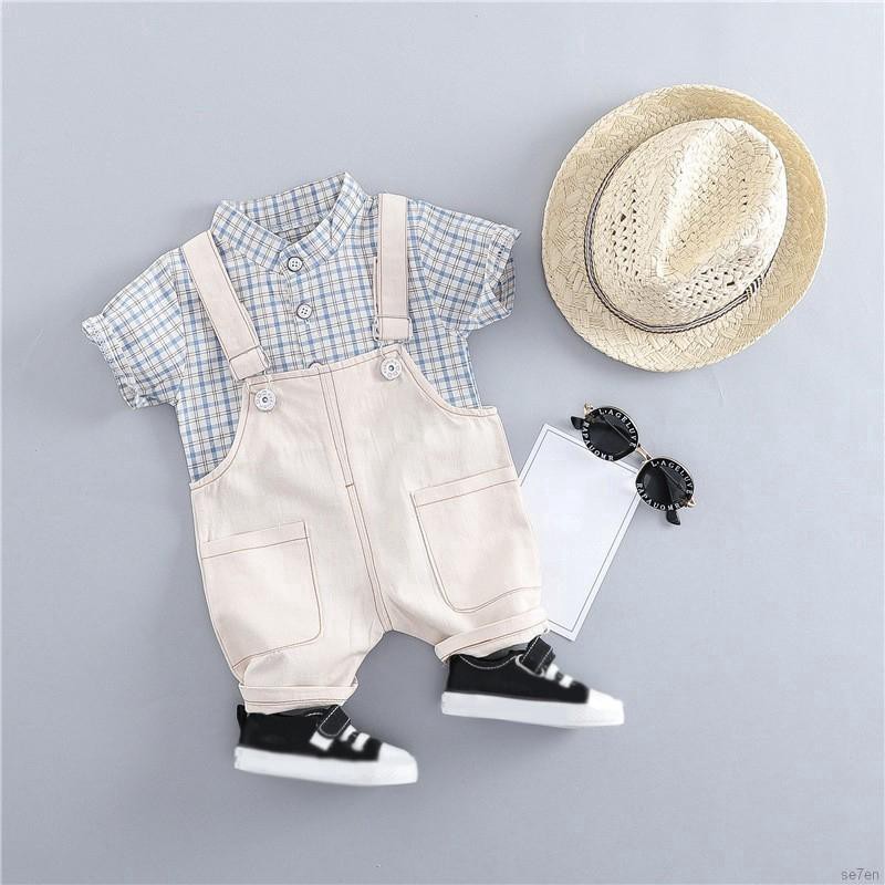 Set áo sơ mi caro + quần yếm dễ thương cho bé trai
