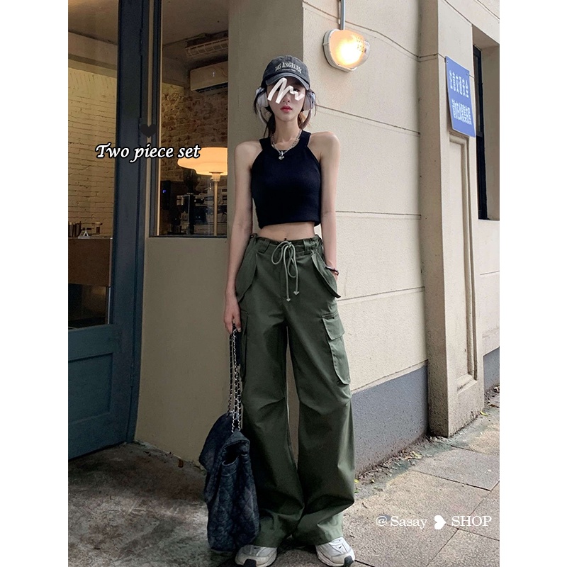 QADCOL Set Đồ Thể Thao Hai Mảnh Mùa Hè Gồm Áo Ba Lỗ Dáng Ngắn Màu Đen Ngọt Ngào Và Mát Mẻ Cho Nữ