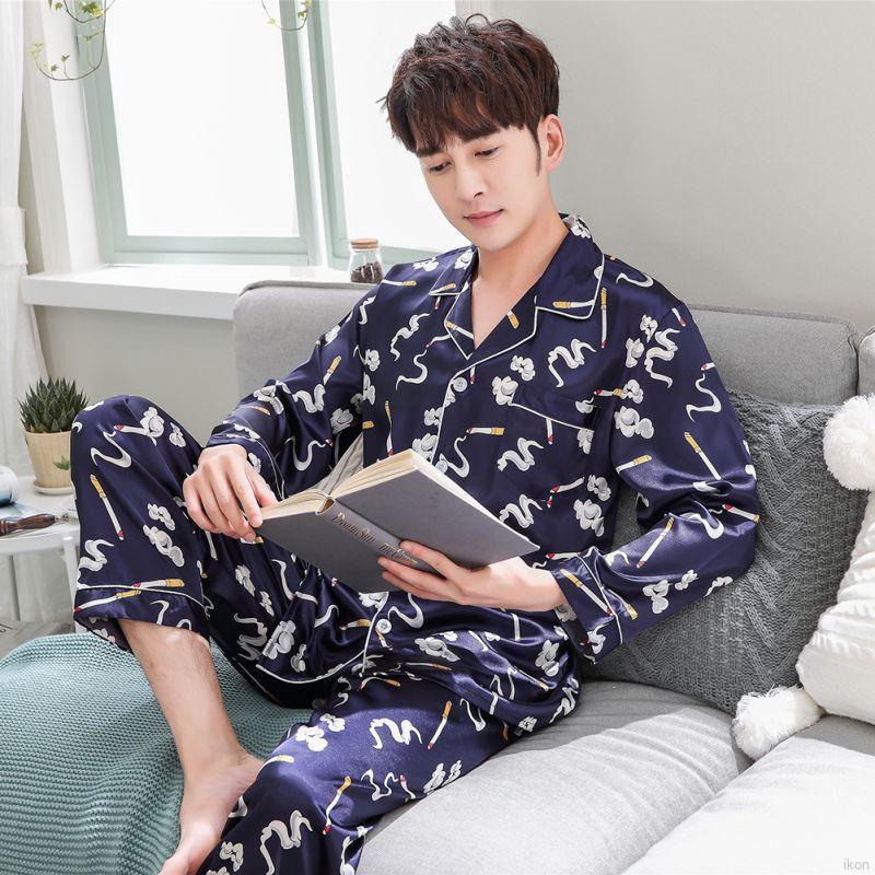 Summer Couple Silk Ice Silk Camera Pajamas Print Long Sleeve Casual Korean Loose Home Pajamas Set
