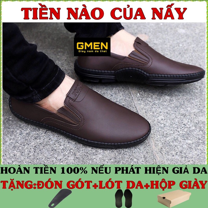 Giày lười nam da bò mềm mại đế cao su khâu chỉ bảo hành 12 tháng GM09