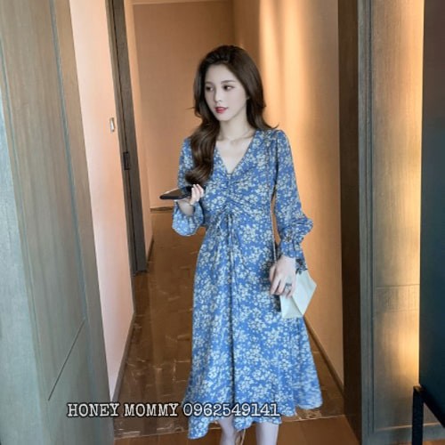 Váy Bầu Hoa Nhí Thu Đông Dài Tay Dáng Dài Phong Cách Vintage Hàn Quốc Thiết Kế Đẹp Dự Tiệc Công Sở HD4814 Honey Mommy