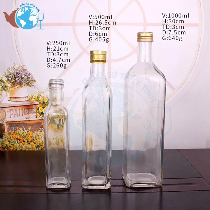 Chai thủy tinh/ Lọ thủy tinh vuông nắp nhôm xoáy 1000ML đựng mật ong
