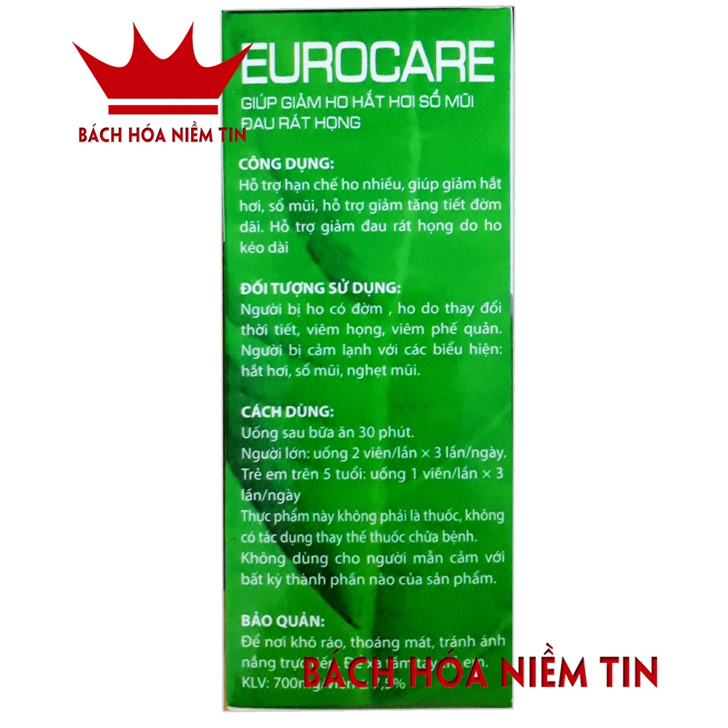 Viên uống giảm ho, giảm đau rát họng EUROCARE- thông mũi họng từ tinh dầu tràm, tinh dầu gừng, giảm ho hiệu quả 100 viên