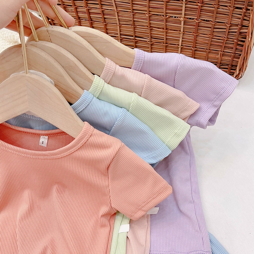 Bộ Quần Áo Cộc Tay Vải Tăm Màu Pastel Thoáng Mát Mềm Mại Cho Bé Từ 8-18kg Mã CT18