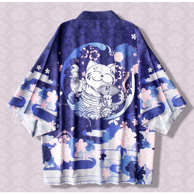 Áo khoác kimono haori happi in mèo thần tài hoa anh đào
