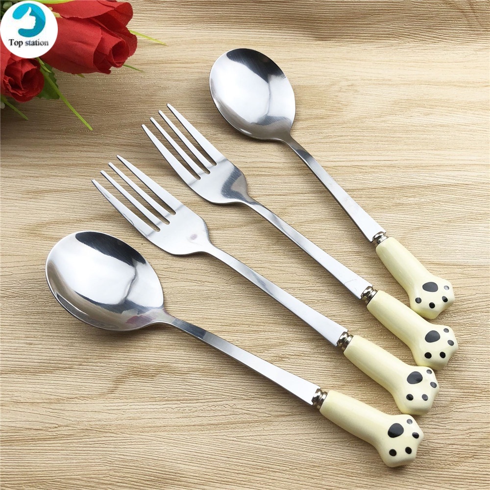 Nĩa / Muỗng ăn tráng miệng hình chân mèo hoạt hình bằng thép không gỉ tiện dụng