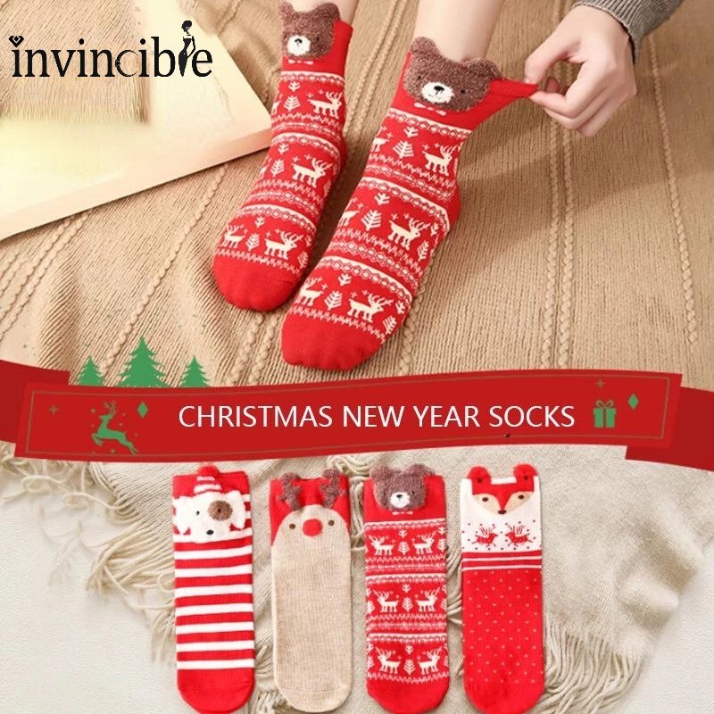 Vớ Cotton Cổ Trung In Họa Tiết Hoạt Hình 3D Giáng Sinh Ấm Áp Mềm Mại