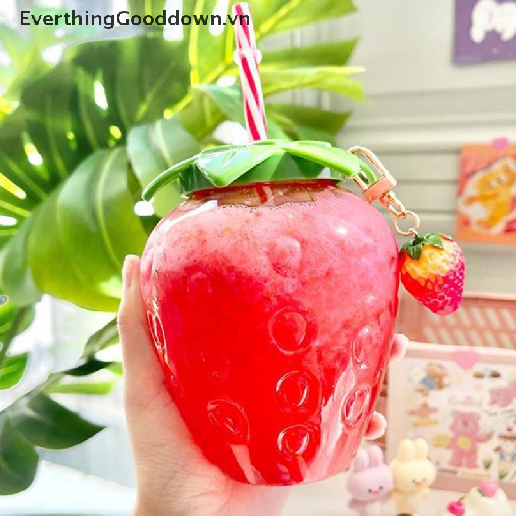 Everthinggooddown Bình Uống Nước 500ml Có Ống Hút Hình Trái Dâu Dễ Thương