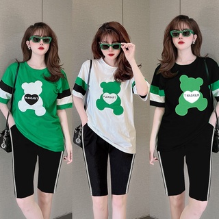 Đồ bộ lửng ngố thun cotton logo gấu xanh phối màu quần viền kim tuyến