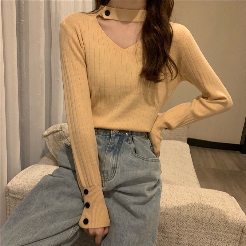 Áo Sweater dệt kim tay dài cổ chữ v thiết kế trẻ trung cá tính