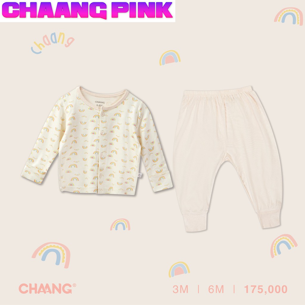 Bộ dài cúc giữa SUMMER màu be, đồ quần áo sơ sinh Chaang cotton an toàn cho bé