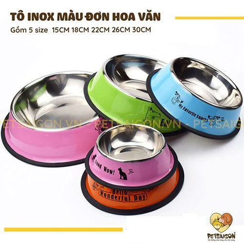 TÔ INOX MÀU ĐƠN HOA VĂN CHO CHÓ MÈO