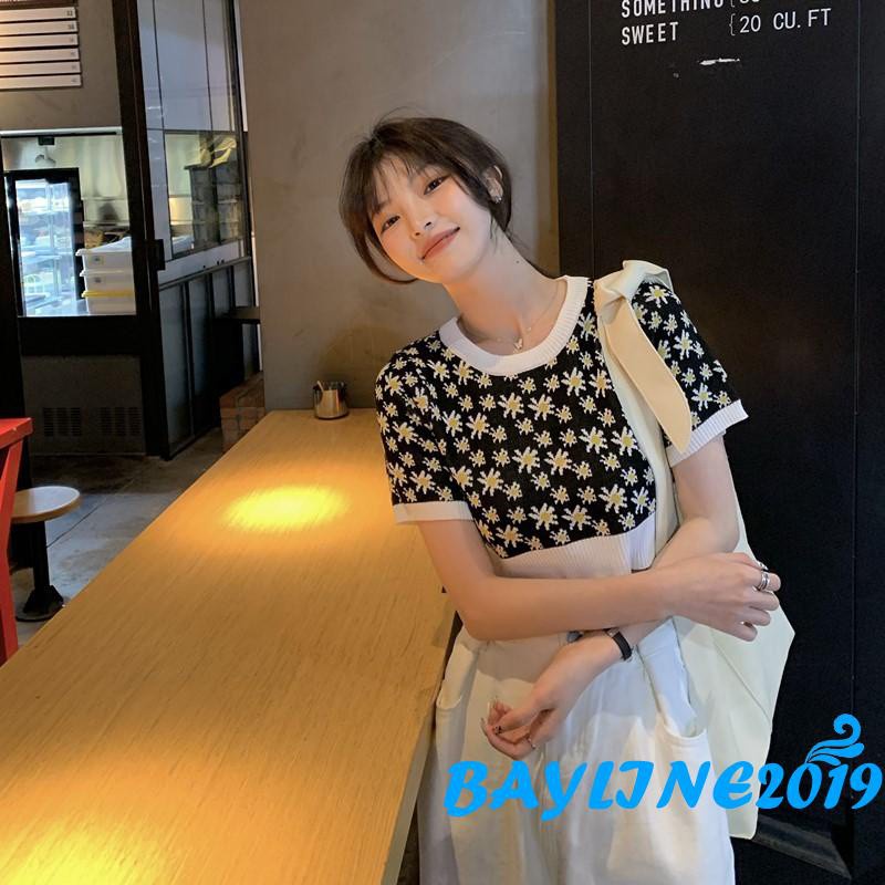 Áo Dệt Kim Tay Phồng Cổ Tròn In Họa Tiết Hoa Cúc Sáng Tạo Thời Trang Mùa Hè Cho Nữ