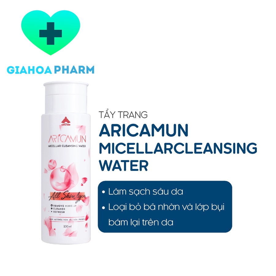 Nước tẩy trang Aricamun Micellar Cleansing Water 200ml (CPC1) làm sạch mọi loại da, loại bã nhờn, bụi bẩn, trang điểm