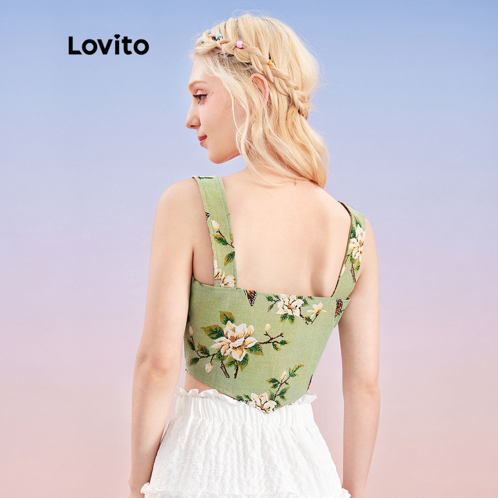 Áo tank top Lovito họa tiết hoa cột dây khoen phong cách dễ thương vintage L30AD054 (màu xanh lá nhạt)