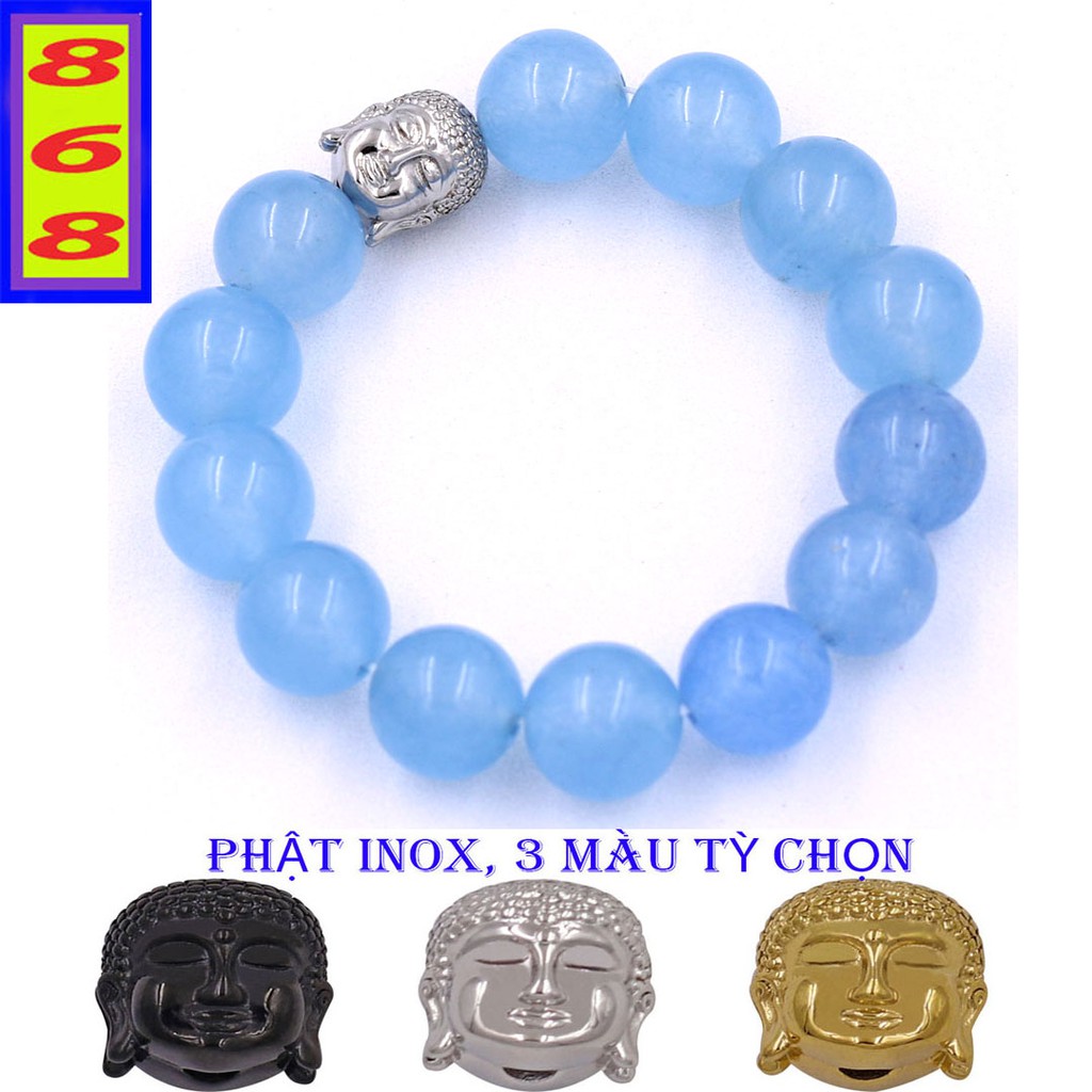 Chuỗi Đeo Tay Phong Thủy Xanh Biển 8 ly, 10 ly, 12 ly, 14 ly mix Đầu Phật inox - Phong thủy 868