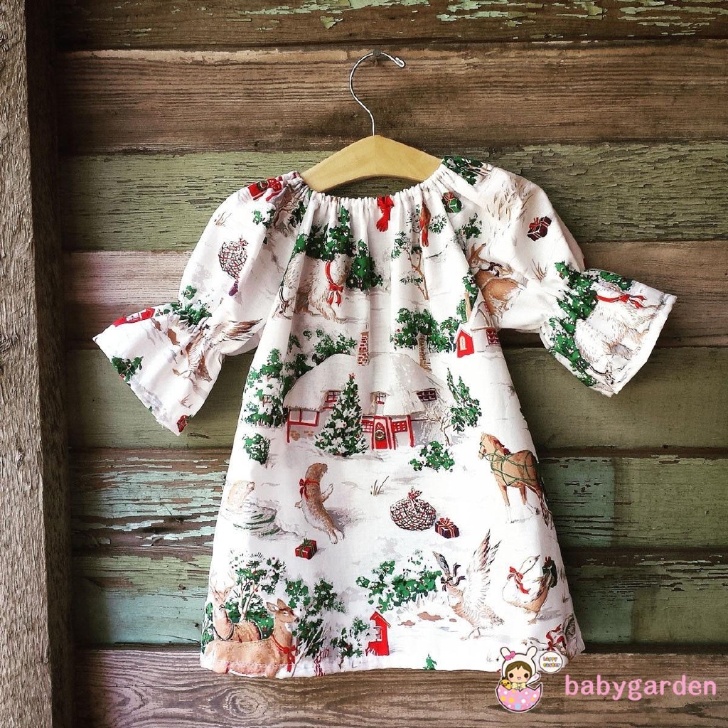 Đầm tay lửng in họa tiết chủ đề giáng sinh dễ thương cho bé gái