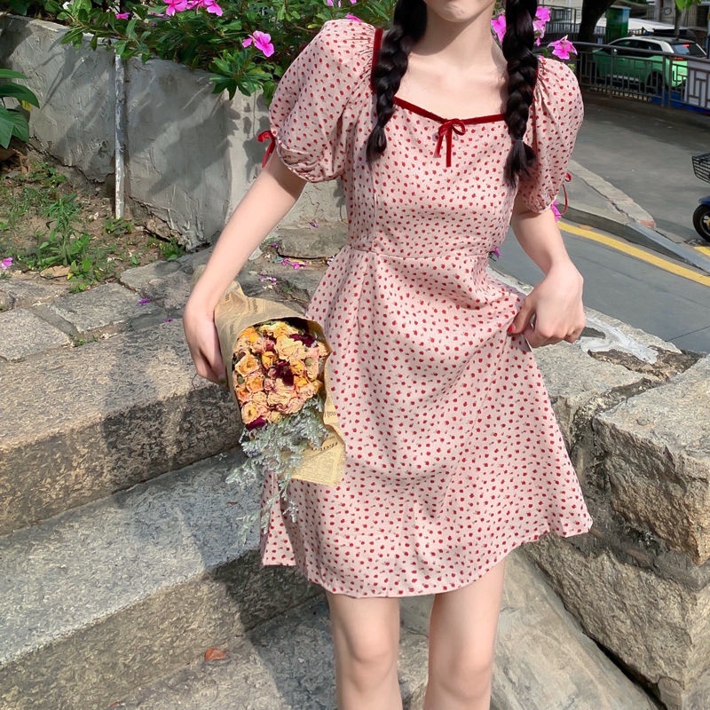 Đầm Hoa Cổ Vuông Thắt Nơ Phong Cách Nhật Bản Mới Dành Cho Nữ