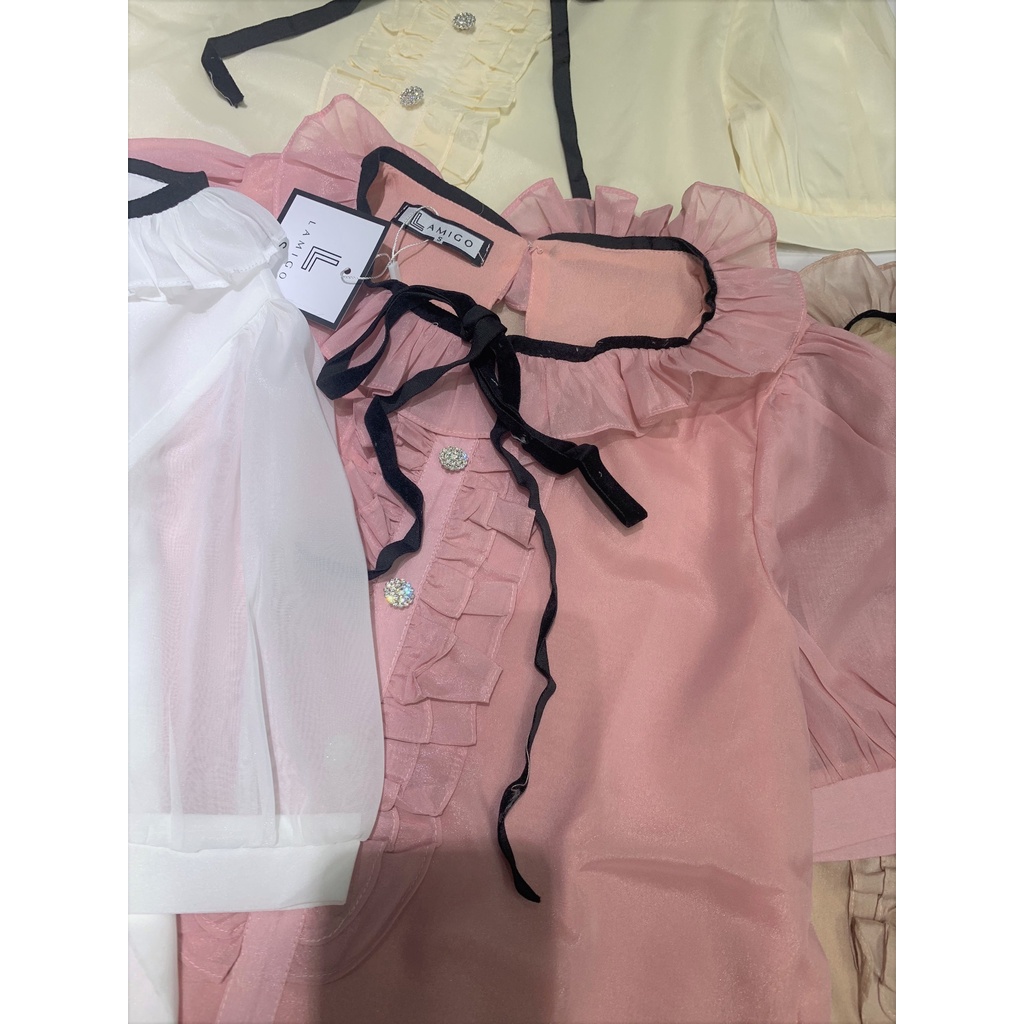 Áo sơ mi nữ công sở - áo sơ mi tơ óng cổ trụ viền bèo cúc đính đá nơ nhung 089