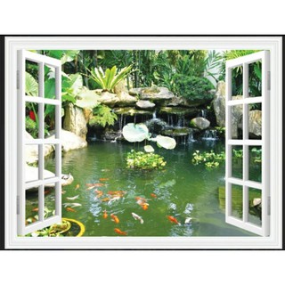Tranh dán tường Cửa Sổ 3d tranh hồ cá Koi, phong cảnh in Vải Lụa