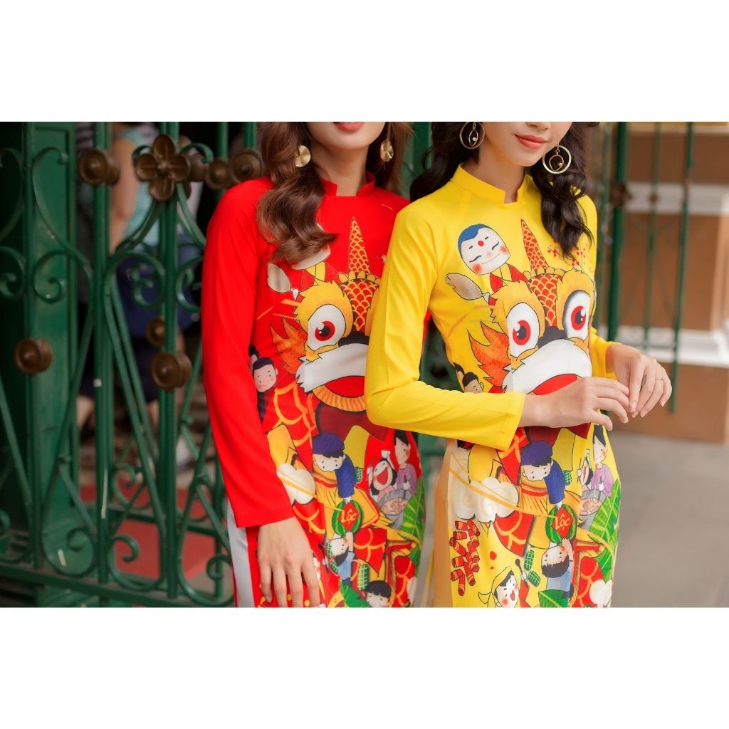 Áo dài truyền thống nữ đỏ vàng cổ cao hở vuông vải lụa hoạ tiết lân tết khai trương có nhiều size LASENTUS | BigBuy360 - bigbuy360.vn