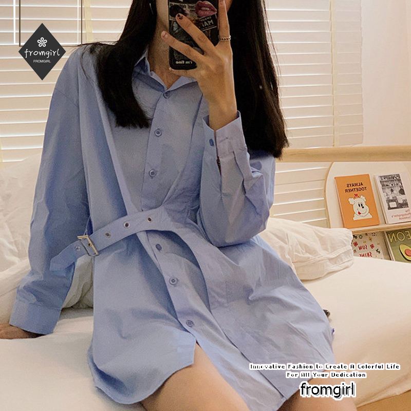 Blue shirt autumn korean loose long sleeve shirt